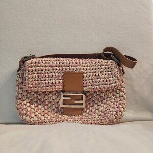 Fendi Baguette in Pink & Cream Woven Straw with Brown Leather Trim